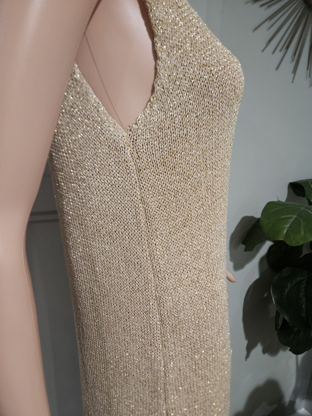 YUNIKA Made in Italy Gold Metallic Knit Midi Dress Sparkle Sleeveless. S/M - Picture 11 of 16